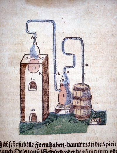 Simya: Pietro Andrea Mattioli (Matthiole) (1500-1577) tarafından yazılan bir kitaptan alınan damıtma aygıtı. Frankfurt by Unknown artist