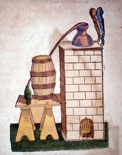 Simya: Damıtma aygıtı. Pietro Andrea Mattioli'nin (Matthiole) (1500-1577) bir kitabından gravür. Frankfurt by Unknown artist