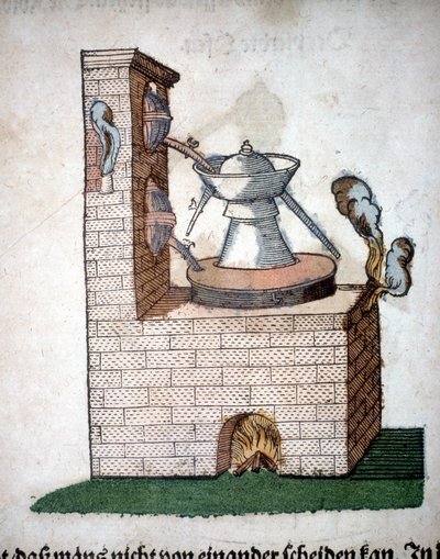 Simya: Pietro Andrea Mattioli (Matthiole) (1500-1577) tarafından yazılan bir kitaptan alınan damıtma aygıtı. Frankfurt by Unknown artist