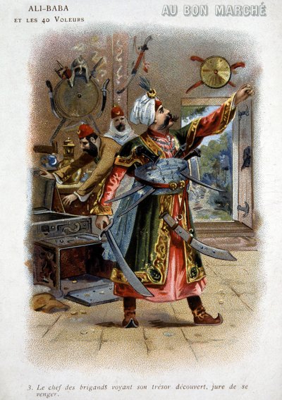 Ali - Baba (Ali Baba) ve 40 Hırsız (Binbir Gece Masalları): Hırsızların reisi, hazinesinin ortaya çıktığını görünce intikam yemini ediyor - "İyi Yürüyüş" kartonu, 19. yüzyıl sonu by Unknown artist