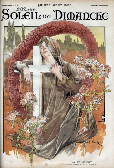 Tüm Azizler. Mezarlıkta Katolik çarmıhta yas kıyafeti giymiş bir kadınla ölüm partisinin alegorisi. “Le sun-du-dimanche”” üzerine gravür, 5 Kasım by Unknown artist
