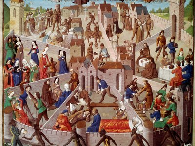 Yeryüzü şehrinin alegorik temsili, insan günahı, gurur, öfke, şehvet, haset, tembellik, aşırılıklar ve bunların zıt erdemleri, takva, nüans, ayık... El yazmasından minyatür ms. 8346, fr. 18, fol. 3 by Unknown artist