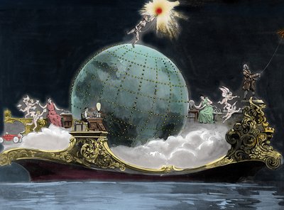Elektrikle ilgili bilim ve teknolojinin ilerlemesi hakkında alegori: dünya çapında İtalyan fizikçi Guglielmo Marconi (1874-1937), telgrafın mucidi, kablosuz bir telgraf istasyonunda bir kadın ve solda Benjamin temsil ediliyor by Unknown artist