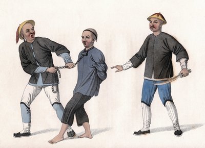 Sanık, boynuna zincirle bağlı olarak cezaevine götürülür. Gravür, “Çinlilerin Cezaları”, Londra by Unknown artist