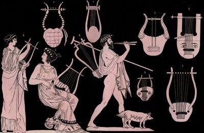 Antik Yunan müzik aleti: Lir ve Cithara (cithara) (kithara) - Evrenin Tüm Halklarının “” Gümrük ve Geleneklerinden gravür. Bu, hükümetin, yasaların, milislerin, en eski zamanlardan bu yana tüm ulusların dininin tarihidir. by Unknown artist