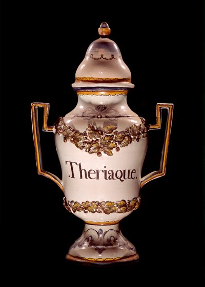 Adını yabani pancar ısırıklarının etkileriyle savaşmaya borçlu olan eski bir ilaç olan theriac içeren eczacı kabı. 17. yüzyıl Macon, Hotel Dieu by Unknown artist
