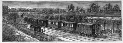 Faure pillerinin uygulanması: Bir istasyonda bir demiryolu sesi üzerinde elektrikli tren. “” Le Monde Illustré” de gravür by Unknown artist