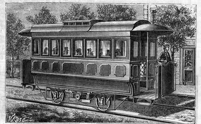 Faure akülerinin uygulanması: Omnibus şirketinin modeli, akülerle çalışan elektrikli tramvay. “” Le Monde Illustré” de gravür by Unknown artist