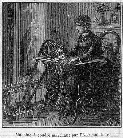Faure pillerinin uygulanması: akümülatörden geçen elektrikli dikiş makinesi. “” Le Monde Illustré” de gravür by Unknown artist