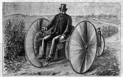Faure pillerinin uygulanması: akümülatörde hareket eden elektrikli üç tekerlekli bisiklet. “” Le Monde Illustré” de gravür by Unknown artist