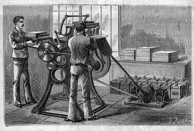 Faure pillerinin uygulanması: akümülatör tarafından çalıştırılan yazıcı. “” Le Monde Illustré” de gravür by Unknown artist