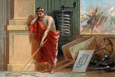 Siraküzalı Arşimet (MÖ 287-212) yere geometrik şekiller çiziyor, kısa süre sonra sahnenin dibinde Romalı askerler tarafından durduruluyor. Atölyesinde çeşitli icatları fark edilebilir: vida ve el arabası. 19. yüzyılın kromolitografisi by Unknown artist
