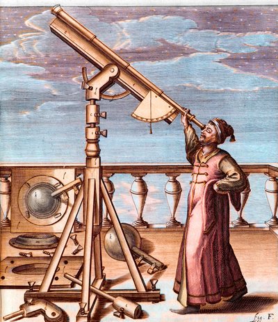 Gökyüzünü teleskopla gözlemleyen gökbilimci - şuradan: Johannes Hevelius (1611-1687), Selenographia, sive Lunae descriptio (Selenography veya A Description of the Moon) by Unknown artist