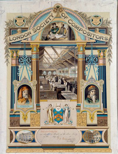 Londra Klavistler Derneği tarafından verilen clavist (baskı operatörü) imza sertifikası. Johannes Gutenberg ve Willima Caxton
