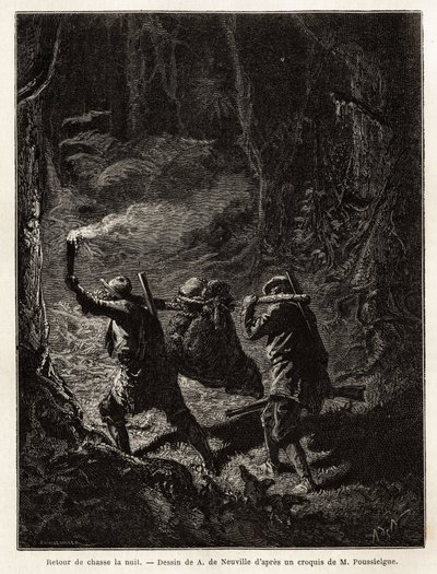 Geceleri avdan dönen av, bir ayı, avcıların omzunda taşıdığı bir daldan bağlanır ve asılır. 1851-1852