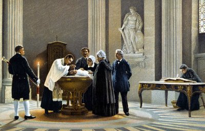 Bebeğin kilisede vaftiz edilmesi. 19. yüzyıl kromolitografisi. by Unknown artist