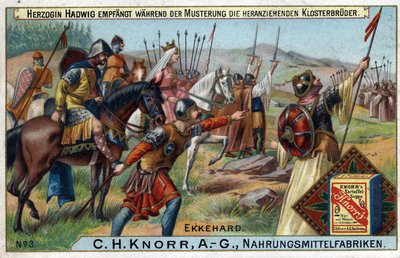Barbar İstilaları - Birliklerin gözden geçirilmesi sırasında Düşes Hadwig, arka planda yaklaşan keşişleri alır. by Unknown artist