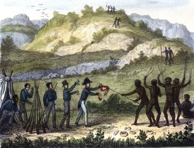 19. yüzyılın başlarında “” Razze e popoli della Terra”dan sonra yerliler ve batılılar arasındaki takas sahnesi. by Unknown artist