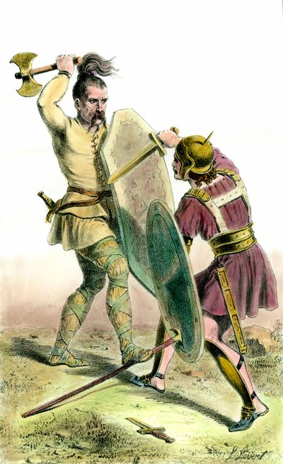 Bir Fransız askeri ile bir Romalı asker arasındaki savaş. 19. yüzyıl gravür özel koleksiyonu by Unknown artist