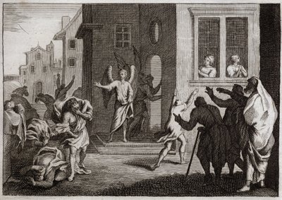 Royaumont İncili, Eski Ahit: Sodomitlerin Suçları. Loth melekleri evine kabul eder. Sodomitler (Sodom) onlara şiddet uygulamak ister. Melekler onlara körü körüne vurur. 1811