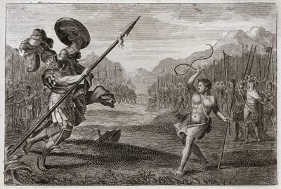 Royaumont İncili, Eski Ahit: Dev Goliath. Goliath, Philistine, muazzam büyüklükte, David tarafından yenildi, silah sadece bir sapan ve bir sopayla. 1811