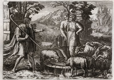 Royaumont İncili, Eski Ahit: Rachel ve Leah. Yakup amcası Laban
