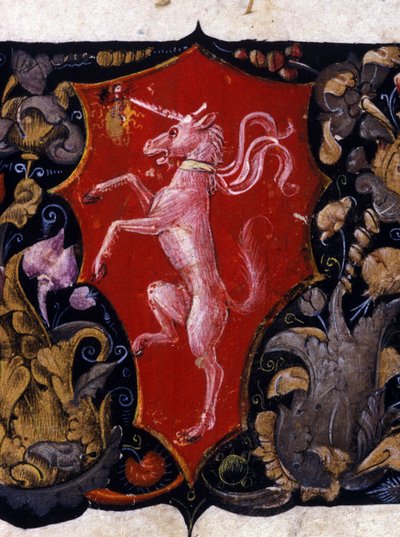 Blazon kırmızı arka planda bir tek boynuzlu atı süslüyor. Minyatür detayı. 15. yüzyıl by Unknown artist