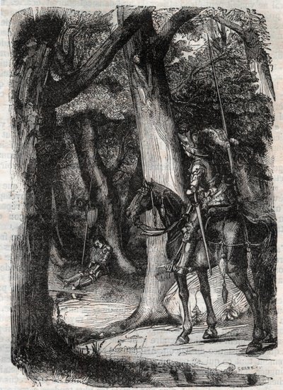 Bradamante apercoit Pinabel (Pinabello) - Ludovico Ariosto tarafından “” Roland furieux” den (Orlando furioso) (16. yüzyıl) 1851 gravürü, Ariosta olarak bilinir - Baskı Tressan Kontu tarafından İtalyancadan çevrilmiş ve Gustave Harvard tarafından yayınlanm by Unknown artist