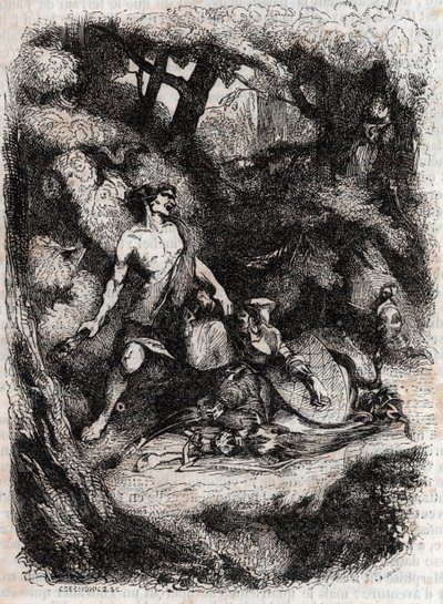 Bradamante terrassee bir dev tarafından - Ariosta olarak bilinen Ludovico Ariosto tarafından “Öfkeli Roland”dan (Orlando furioso) (16. yüzyıl) 1851 gravürü - Tressan Kontu tarafından İtalyancadan çevrilmiş ve Gustave Harvard tarafından yayınlanmış 1851 by Unknown artist