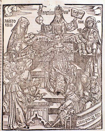 Aristoteles (sol üstte) tarafından temsil edilen bilgi dalları, Doğa Felsefesini, Seneca sağda Ahlak Felsefesini, İmparator Justinian
