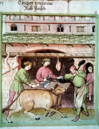 Kasaplık: Bir öküzün kesilmesi. İlaç ve diyetetik sağımlarından aydınlatma “” Tacuinum sanitatis”” by Unknown artist
