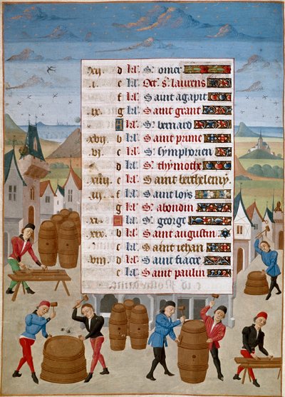 Takvim: Ağustos - Şarap fıçılarının imalatı - “The Hours of Savoy of Savoy, Burgundy Düşesi”nden Usta Jean de Rolin (15. yüzyıl) minyatürü 1460-1465 Chantilly, Musee Conde by Unknown artist