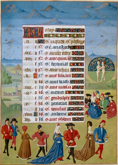 Takvim: Mayıs ayı, danslar ve oyunlar - “Savoy Adelaide Saatleri, Burgonya Düşesi” el yazmasından Jean Rolin Ustasının Minyatür 1460-1465 Chantilly, Musee Conde by Unknown artist