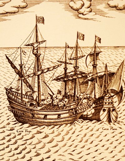 Mart 1579'da Francis Drake liderliğindeki Golden Hind tarafından İspanyol kalyonu Cagafuego'nun ele geçirilmesi (gravür) by Unknown artist
