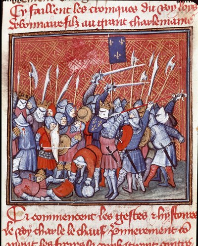 Karolenj hanedanı: “” Karolenj kralı II. Charles bir savaş sırasında kel diyor (823-877)”” Minyatür “” Les grandes Chronicles de France””” 14. yüzyıl Chantilly, Musee Conde by Unknown artist