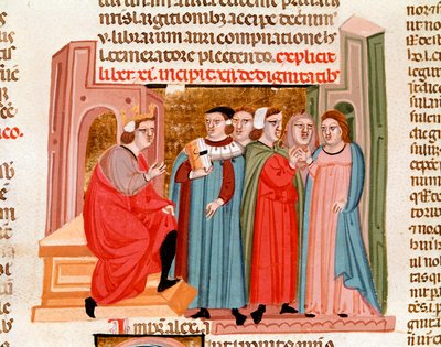 İmparator Justinian (483-565) zamanında bir düğün kutlaması. “Justinianus Istitutiones”den alınan minyatür” 14. yüzyıl Padua, Biblioteca capitolare by Unknown artist