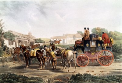 Koç tarafından bir yolculuk sırasında handa aksama değişikliği. İngilizce gravür. 19. yüzyıl Özel koleksiyon by Unknown artist