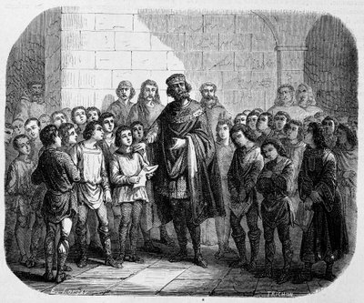 Charlemagne bir okulu ziyaret ediyor - Maurice Lachatre tarafından “” Papaların, Kralların, Kraliçelerin, İmparatorların Yüzyıllar Boyunca Tarihinde by Unknown artist
