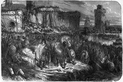 Charles III, Gros (839-888) Batı İmparatoru (881 - 887) ve Fransa Naibi (884 - 887), Normanlarla savaşmaya cesaret etmeden, emekliliklerini bir fiyata satın almayı tercih ederek Paris surları altında kamp kurdu. para. by Unknown artist