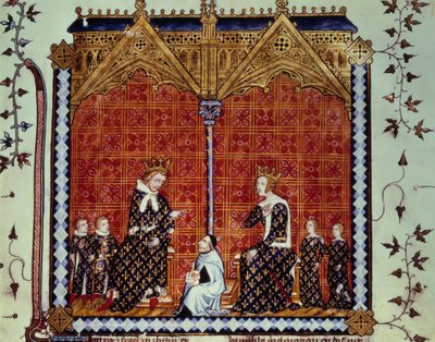 Charles V the Wise ve Jeanne de Bourbon, çocukları ile çevrili. Guillaume Durand tarafından açıklanan ve Jean Golein tarafından tercüme edilen “Rational des divins office””” Folio 1 adlı el yazmasından minyatür by Unknown artist