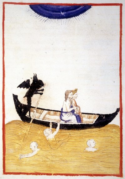 Charon (Caron), Dante Alighieri'nin "İlahi Komedya" adlı eserinde, Acheron'lu Dante ve Virgil'i Yeraltı Dünyası'nın karşı kıyısına geçirir, 14. yüzyıldan kalma bir el yazması olan Bibl. Belediye de Rimini. by Unknown artist