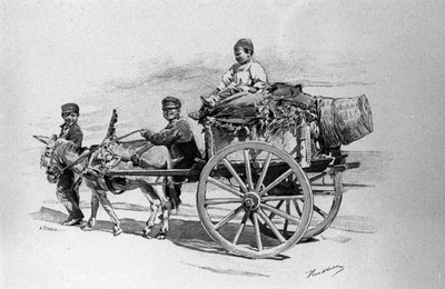 Bir eşeğin çektiği arabadaki insanların çocukları. 19. yüzyılın Sicilya gravürü by Unknown artist