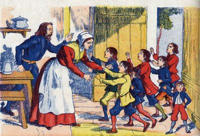 Çocukların Geri Döndüğü, “Le Pepetit poucet” için illüstrasyon, Charles Perrault (1628-1703), Fransız yazar. Anonim illüstrasyon. Görüntüler Marcel Vagne, Jarville Nancy, tarihsiz (19. yüzyılın sonu). by Unknown artist