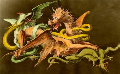 Chimeres İki canavarla savaşan bir ejderha. 19. yüzyıldan gravür. by Unknown artist