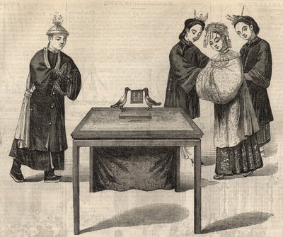 Çin geleneği: bir evlilik sözleşmesi imzalamak. İki güvercinli bir masaya iki eşin adının yazılı olduğu bir tablet konur. 14 Şubat 1857 tarihli "" The Illustrated London News "de gravür. by Unknown artist