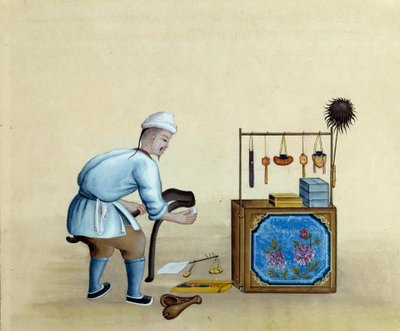 Çinli tüccar gümüş külçeleri kesmek için makas bileme. 17. yüzyılın çizimi. Paris. BN by Unknown artist