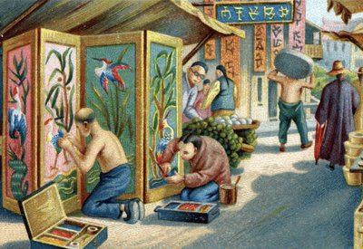 Sokakta çalışan Çinli tüysüzler: İğne ve tüy kullanarak paneller veya ekranlar yapıyorlar. 19. yüzyılın kromolitografisi by Unknown artist