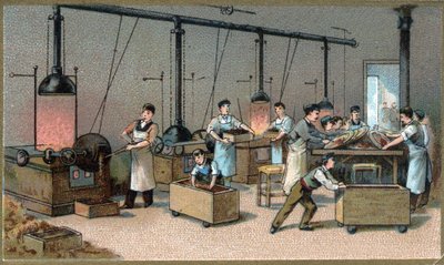 Çikolata yapımı. Kakao Torrefaksiyon Odası. 19. yüzyılın sonlarında kromolitografi by Unknown artist