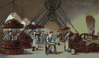 Çikolata üretimi: öğütme atölyesi. 19. yüzyılın sonunun kromolitografisi by Unknown artist