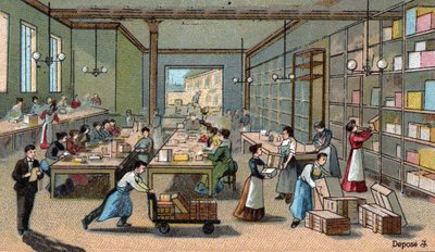 Çikolata üretimi: paketleme, nakliye. 19. yüzyılın sonunun kromolitografisi by Unknown artist